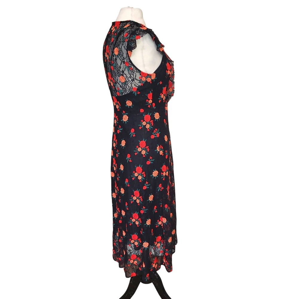Zara Woman Black Embroidered Lace Red Floral Cottage Fairy Country Boho Dress M - Picture 6 of 11